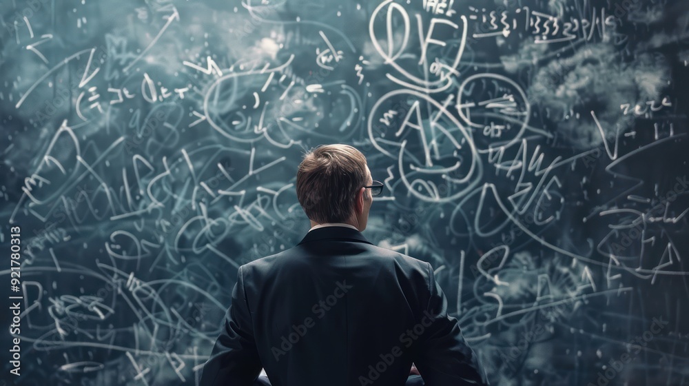 Man Contemplating a Wall Covered in White Scribbles Man Contemplating a Wall Covered in White Scribbles