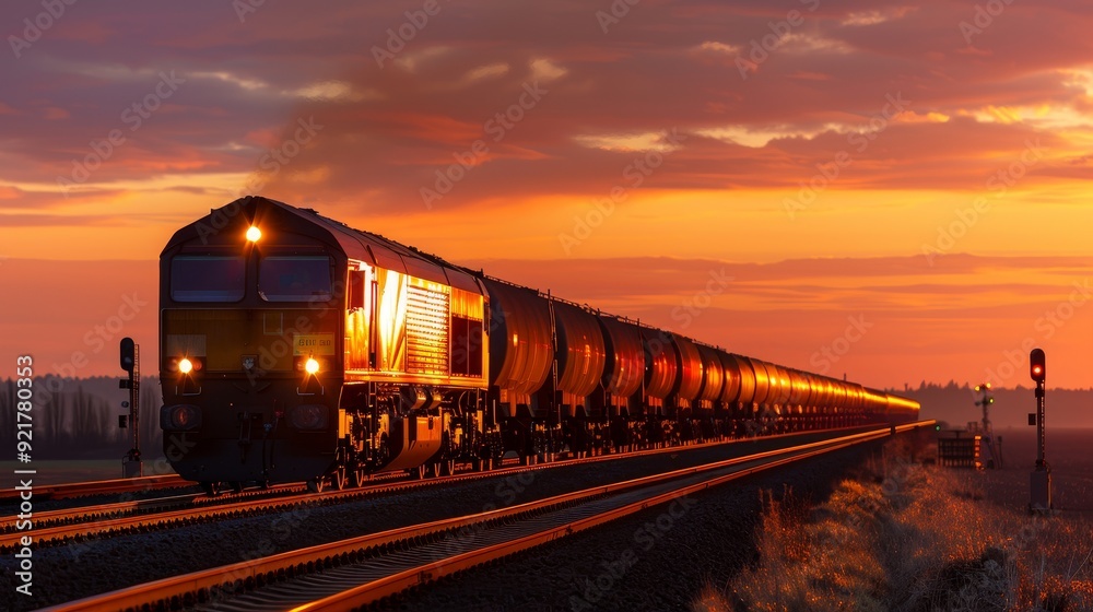 Silhouette of cargo train in countryside transit, with copy space, focused on all objects, deep depth of field. Silhouette of cargo train in countryside transit, with copy space, focused on all objects, deep depth of field.