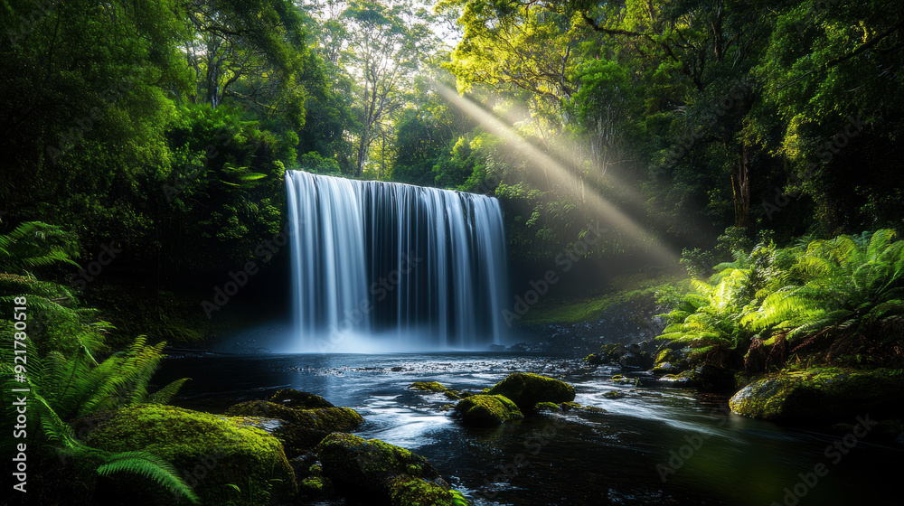A waterfall is flowing into a river in a lush green forest. The sunlight is shining on the water, creating a beautiful and serene atmosphere A waterfall is flowing into a river in a lush green forest. The sunlight is shining on the water, creating a beautiful and serene atmosphere