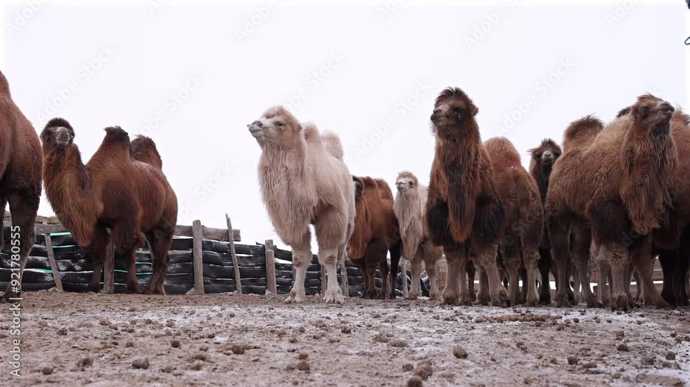 Group of Bactrian Camels in a Winter Setting, Highlighting Their Thick ...