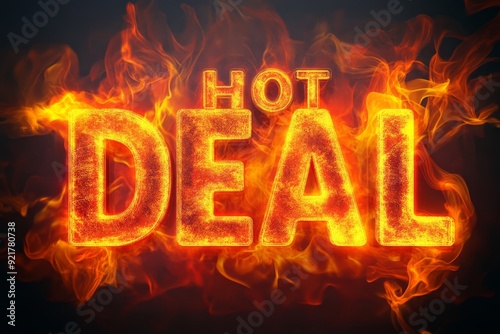 3D Typography of the text "HOT DEAL" with fiery colors and abstract patterns, high resolution, detailed textures, crisp focus