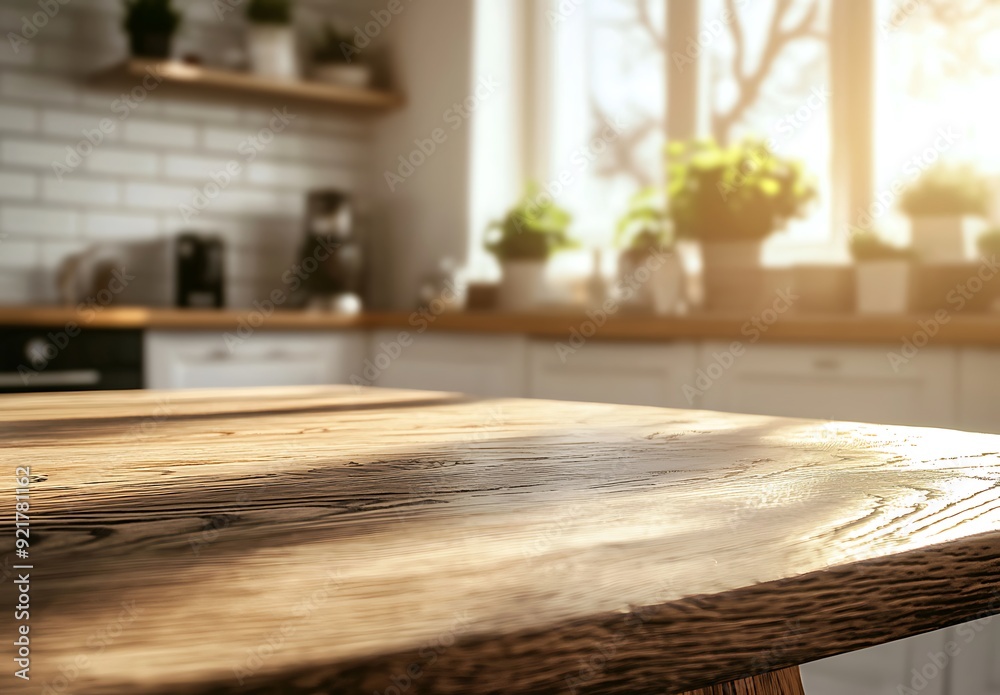 Closeup of a wooden tabletop with a blurred kitchen background. Closeup of a wooden tabletop with a blurred kitchen background.