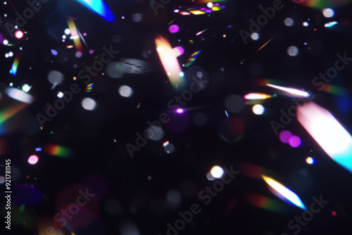 Black background with colorful lights, light beams, blurry cinematic sparkling in the air, glitchcore, glowy iridescence bokeh sparkles. Festive light leak overlay