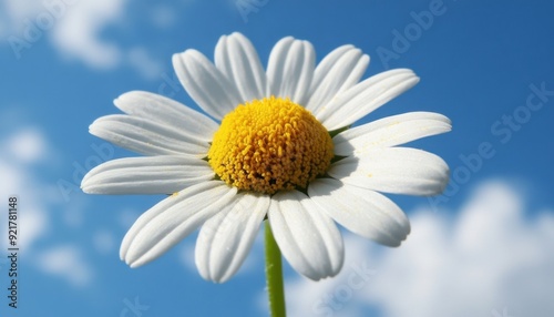 Bright daisy with white petals and yellow center against a blue sky