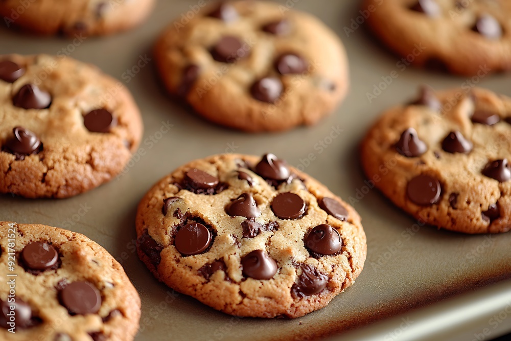 Close-up of freshly baked chocolate chip cookies on a baking sheet.