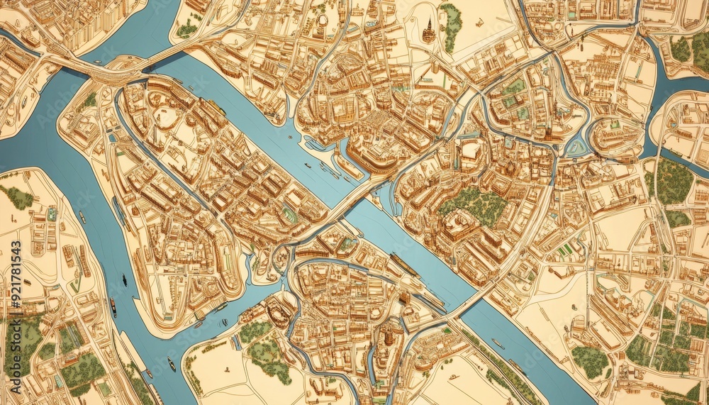 Detailed topographic map of a city with rivers and urban layout during daylight Detailed topographic map of a city with rivers and urban layout during daylight