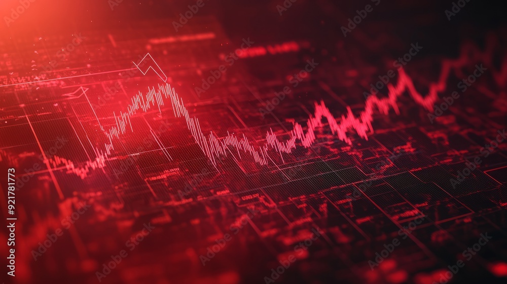 Abstract red background with an arrow going down and a graph, depicting a financial market crash concept.