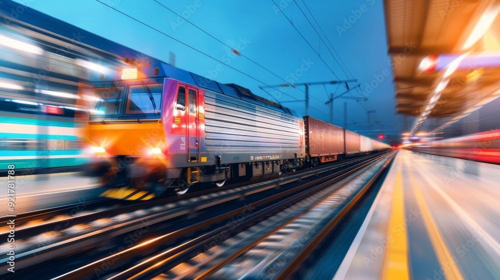 Moving freight trains in industrial transit boundaries with copy space, covering all objects, deep depth of field.