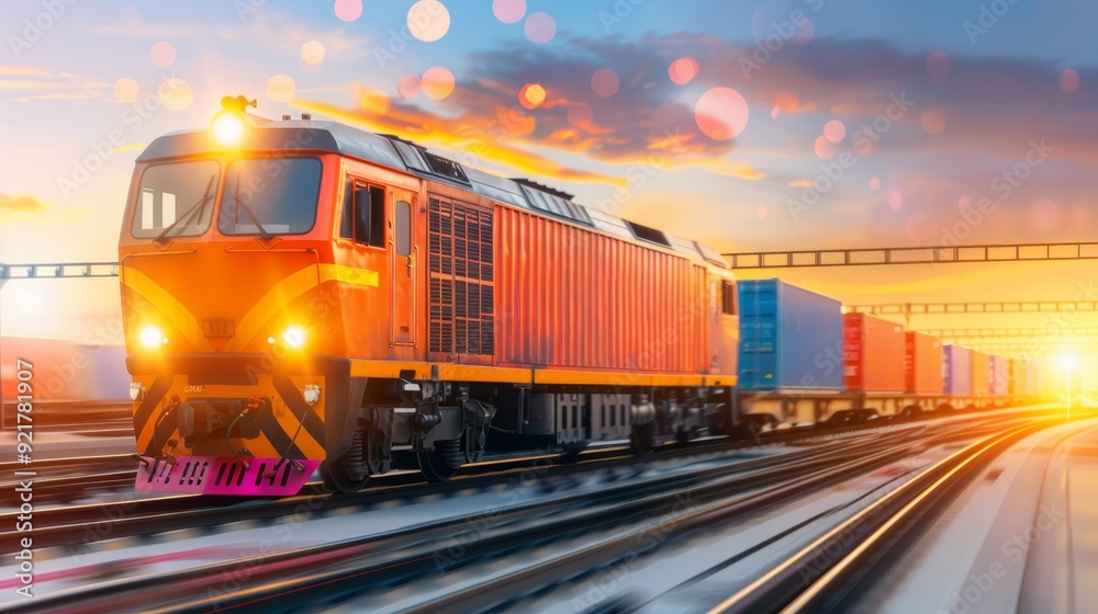 Naklejka premium Transporting goods by trains across national boundaries, featuring transit, boundary, copy space, and deep depth of field.