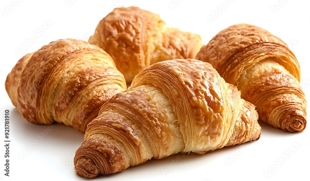 Close-up of four golden brown croissants with flaky layers isolated on a white background. Close-up of four golden brown croissants with flaky layers isolated on a white background.