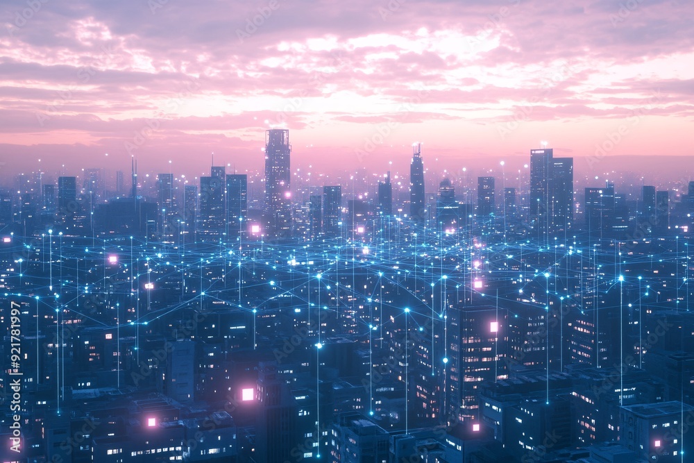 Fototapeta premium Futuristic Smart City Network at Twilight