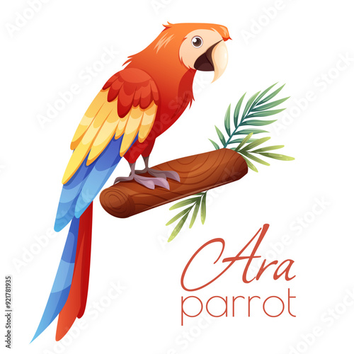Drawn parrot Ara on branch with leaves. Vector illustration on white background