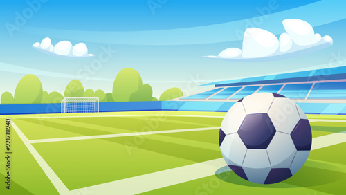Soccer field with ball, gate and tribune. Vector drawn wallpaper for sports games, eventsSoccer field with ball, gate and tribune. Vector drawn wallpaper for sports games, events