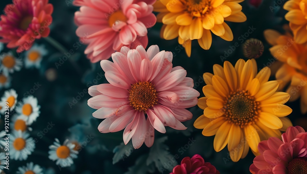 Colorful daisies and chrysanthemums in autumn, flowers on a floral background. A floral nature wallpaper with space for design Colorful daisies and chrysanthemums in autumn, flowers on a floral background. A floral nature wallpaper with space for design