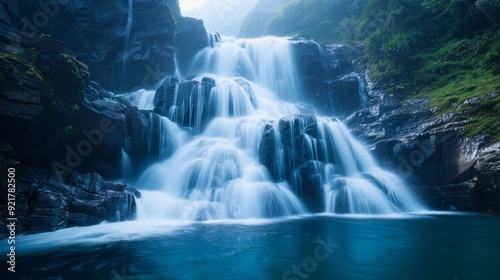 Fototapeta Naklejka Na Ścianę i Meble -  Dynamic waterfall with light contrast, moving shadows, ample copy space, comprehensive focus, and deep depth of field.