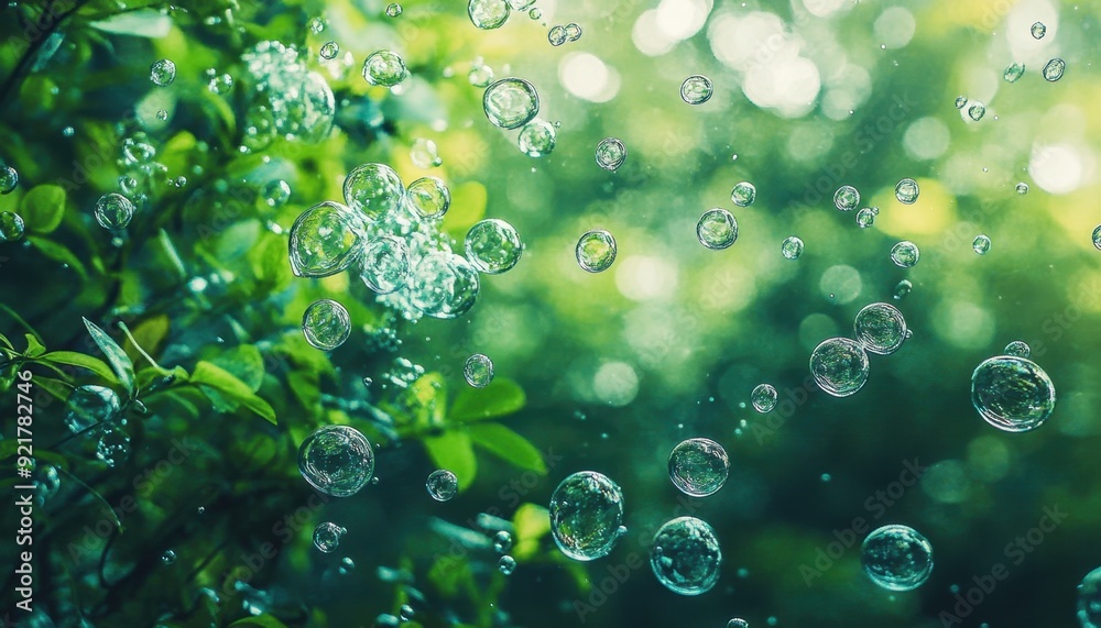 Bubbles floating among green leaves in a sunlit garden during a summer afternoon Bubbles floating among green leaves in a sunlit garden during a summer afternoon