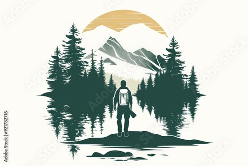 Mountain camp man hiking evergreen pine forest and river scene vintage badge logo vector illustration on white background