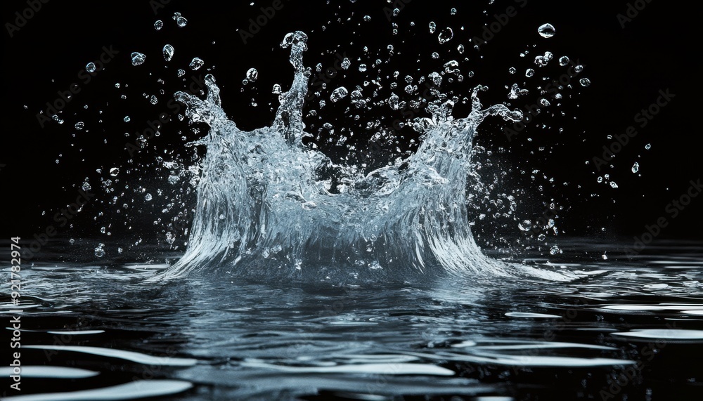 Water splash with droplets creating ripples against a dark background Water splash with droplets creating ripples against a dark background