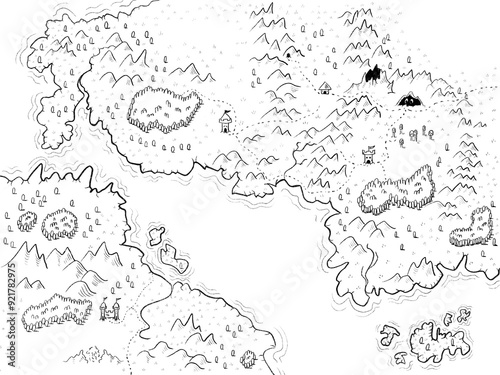 Fantasy map black and white. Forests, meadows, fields, towers and roads for design, banners, coloring, games