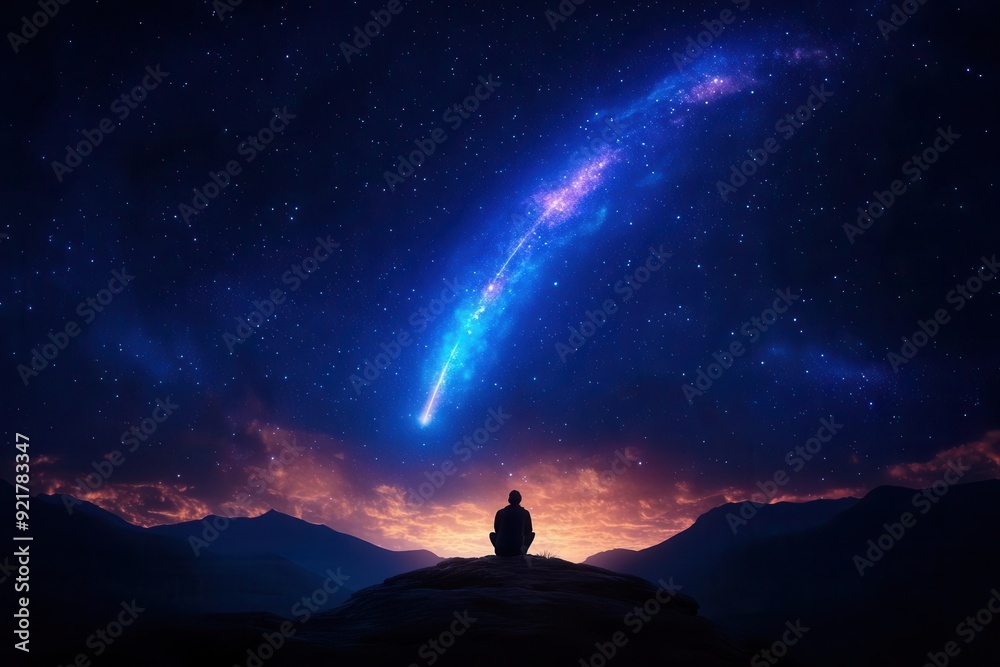 A serene figure gazes at a stunning night sky filled with stars and a vibrant comet, evoking wonder and introspection. A serene figure gazes at a stunning night sky filled with stars and a vibrant comet, evoking wonder and introspection.