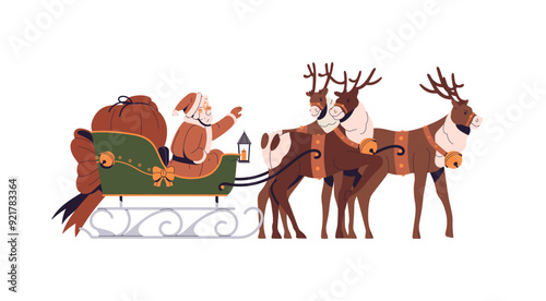 Santa Claus delivers Christmas gifts by reindeer sleigh. Old man drives with bag of Xmas presents by deer sledge. Delivery of giftboxes in winter holidays. Flat isolated vector illustration on white