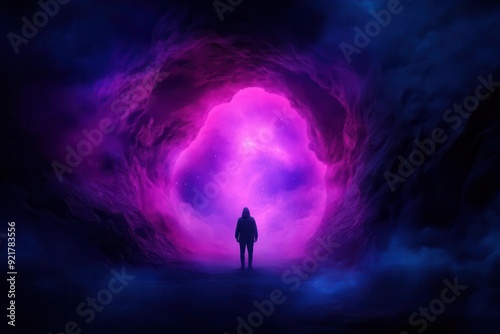 A solitary figure stands in a mysterious, vibrant purple and blue environment, evoking a sense of wonder and exploration.