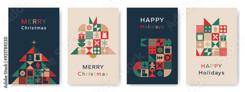 Christmas card in modern minimalist geometric style. Straight Christmas background with geometric patterns, snowflakes, gifts and abstract elements
