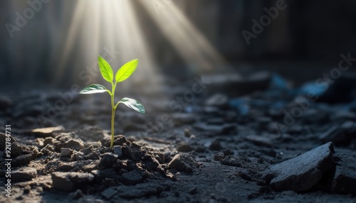 A young plant emerges from rocky soil under sunlight in a dark environment