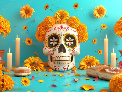 Sugar skull in Catrina style, surrounded by marigold flowers, candles, and Pan de Muerto, sunny day, 3D style, flat design illustration