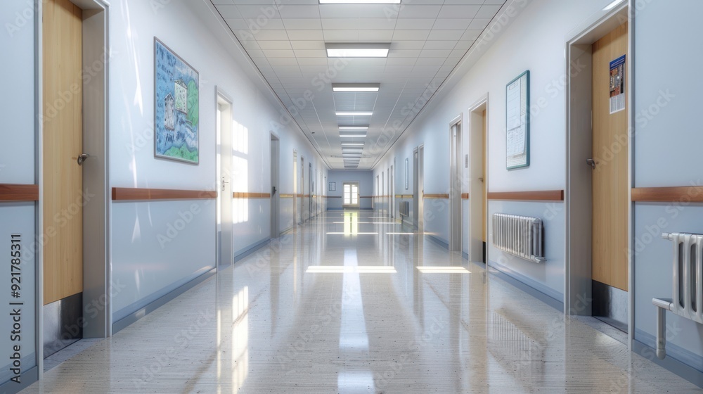 Fototapeta premium Empty Hospital Corridor with Light Reflecting off Polished Floor