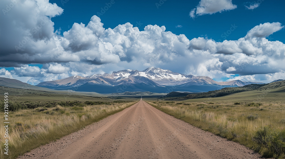 A stunning view of an endless dirt road that leads to majestic mountains, with a sky full of fluffy white clouds. A stunning view of an endless dirt road that leads to majestic mountains, with a sky full of fluffy white clouds.