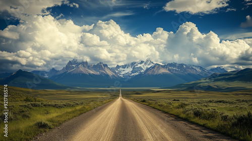 A stunning view of an endless dirt road that leads to majestic mountains, with a sky full of fluffy white clouds. photo