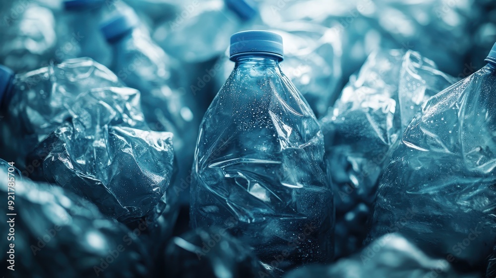 Close-up of crumpled blue plastic bottles, illustrating waste and recycling issues in modern society. Close-up of crumpled blue plastic bottles, illustrating waste and recycling issues in modern society.