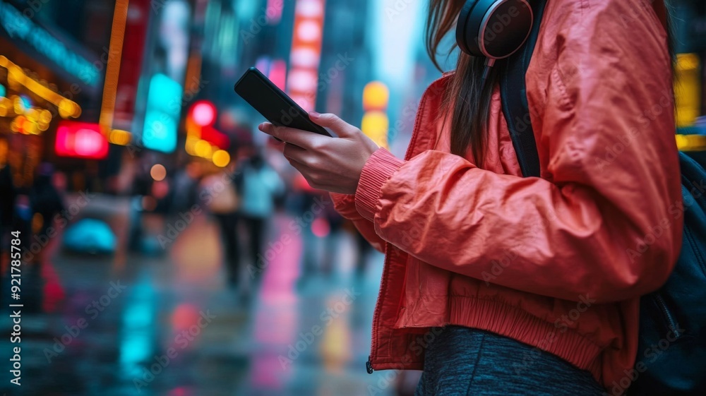 Obraz premium Young Woman Using Smartphone on a Rainy City Street in the Evening