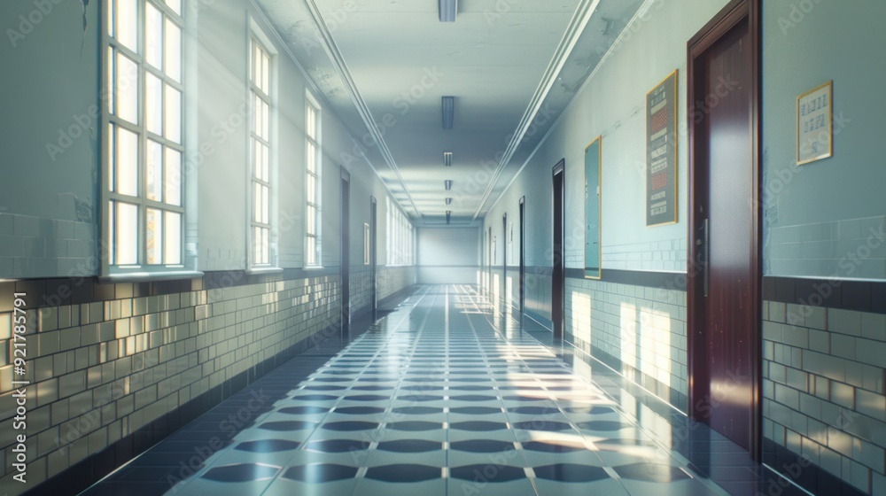 Obraz premium Sunlit School Hallway with Tiled Floor and Doors