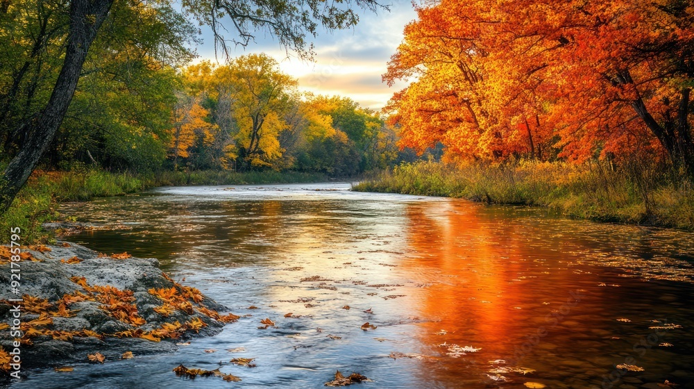 Obraz premium Autumn River with Vibrant Foliage