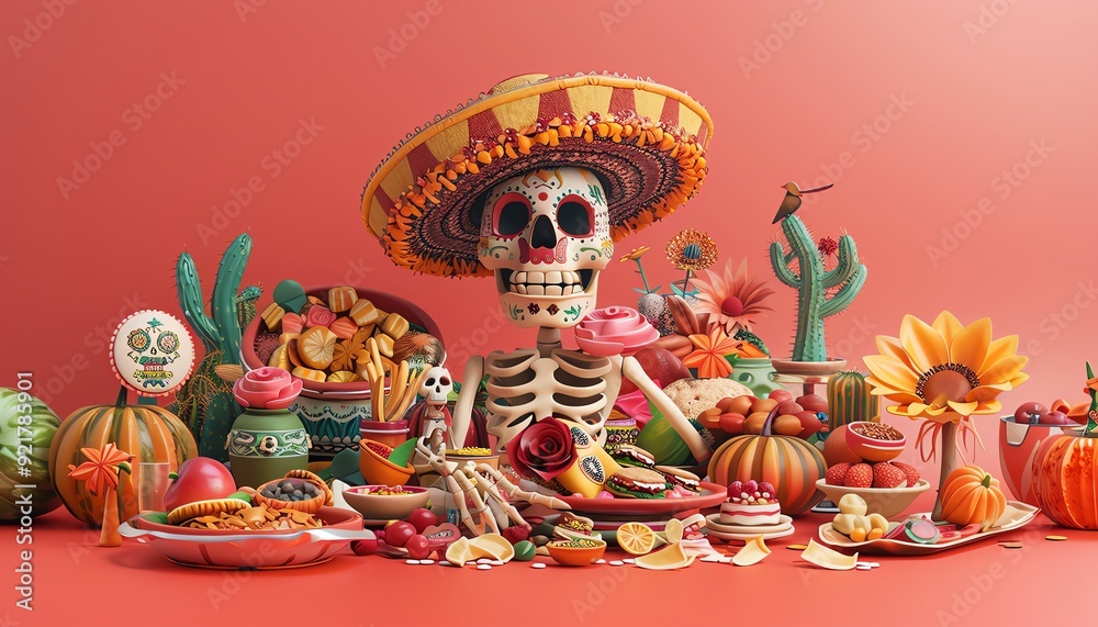 3D skeleton pet with an owner in a sombrero and Mexican dress, surrounded by food, flat design illustration 3D skeleton pet with an owner in a sombrero and Mexican dress, surrounded by food, flat design illustration