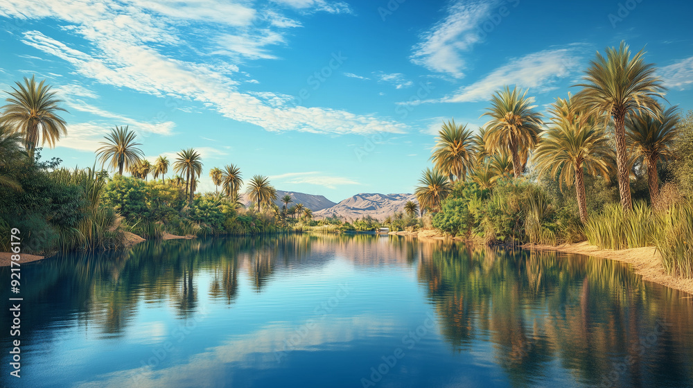 Fototapeta premium A quiet and peaceful oasis in a desert landscape, where the calm water reflects the clear blue sky and green palm trees line the shores.