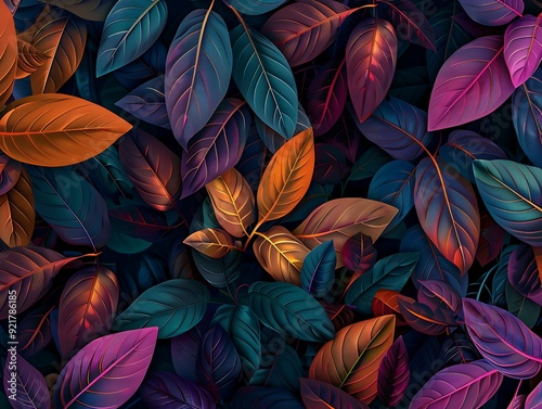 Close-up of colorful leaves, rendered in 3D with vibrant colors and intricate details, set against an isolated dark background.