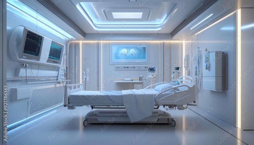 Modern hospital room with a hospital bed, medical equipment, and ambient lighting Modern hospital room with a hospital bed, medical equipment, and ambient lighting