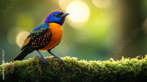 A stunningly beautiful bird with brightly colored feathers and distinct patterns, perched on a moss-covered branch. photo