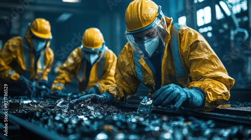 Workers in protective gear meticulously sorting metal scraps in an industrial recycling facility. Safety and precision are prioritized. photo