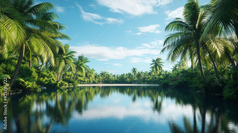A beautiful landscape of an oasis, where the calm waters reflect the green palm trees spreading out under a bright blue sky. A beautiful landscape of an oasis, where the calm waters reflect the green palm trees spreading out under a bright blue sky.