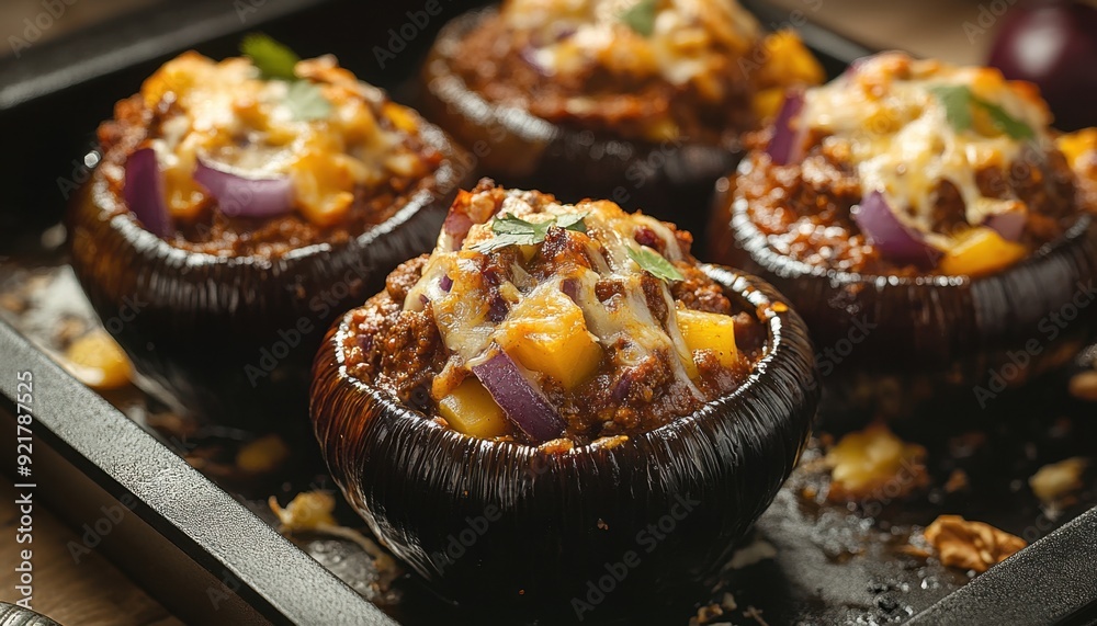 Stuffed bell peppers with ground meat, cheese, and seasoning on a baking tray