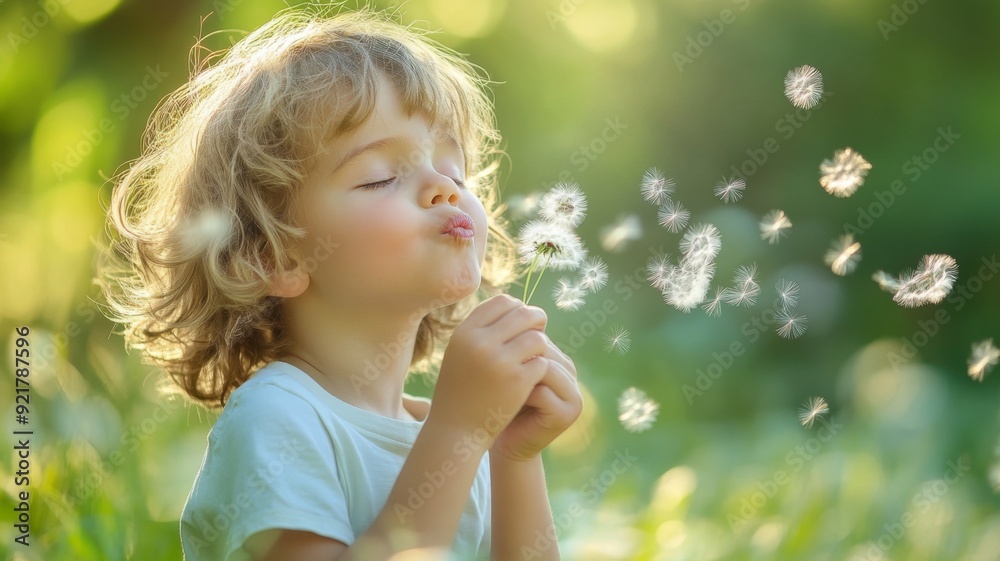 Child Blowing Dandelion Seeds in Sunlit Meadow Capturing Innocence and Joy of Childhood in Nature Child Blowing Dandelion Seeds in Sunlit Meadow Capturing Innocence and Joy of Childhood in Nature