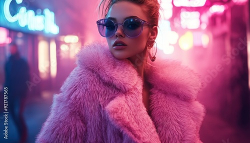 Young woman with pink fur coat poses confidently in neon-lit street at night