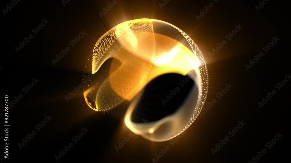 Abstract looped dynamic golden energetic sphere with appearance and disappearance of magically glowing particles and waves on black background, video in 4K Abstract looped dynamic golden energetic sphere with appearance and disappearance of magically glowing particles and waves on black background, video in 4K