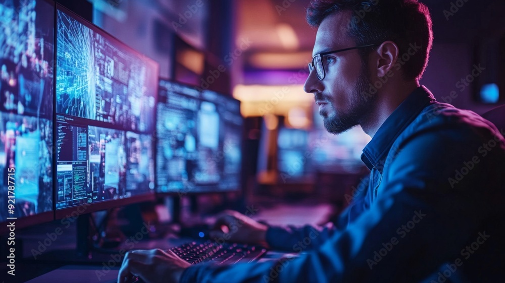 Focused Professional Working on Multiple Computer Screens in a Modern Office with Futuristic Technology Focused Professional Working on Multiple Computer Screens in a Modern Office with Futuristic Technology