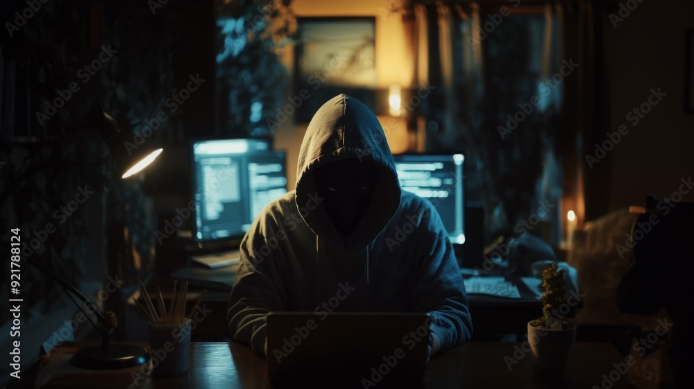 Hacker in a Dark Room with Multiple Computer Screens and Code on Display Hacker in a Dark Room with Multiple Computer Screens and Code on Display