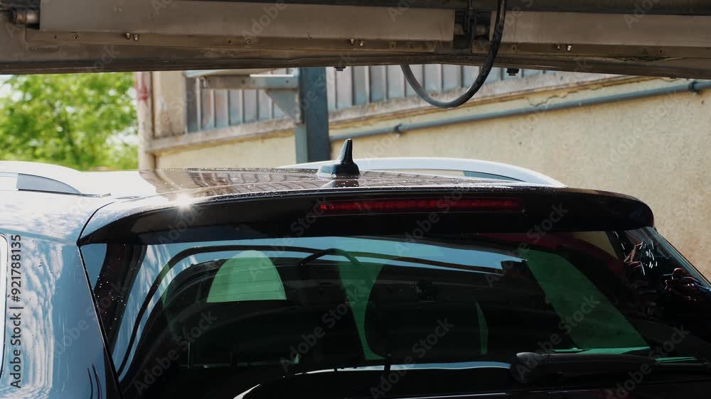 Automatic car drying. Close-Up of a Car Undergoing Cleaning at a Car Wash on a Sunny Day Automatic car drying. Close-Up of a Car Undergoing Cleaning at a Car Wash on a Sunny Day